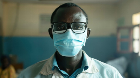 Ein Arzt aus Tansania mit Maske sieht zur Kamera