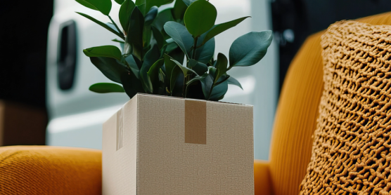 A packed moving box with a plant and an armchair in front of an open delivery van for end customer delivery.
