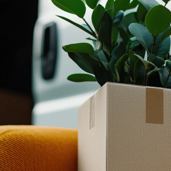 A packed moving box with a plant and an armchair in front of an open delivery van for end customer delivery.