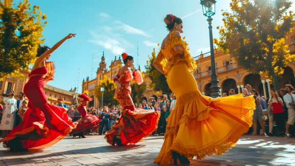 Menschen in farbenfrohen Kleidern tanzen auf einem Platz bei einem Straßenfest in Spanien