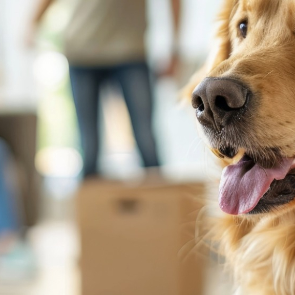 Golden Retriever in Wohnung mit Umzugskartons – Umzug mit Tieren nach China