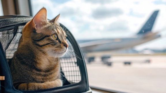 Katze in Transportbox am Flughafen vor einem Flugzeug – Symbolbild für den sicheren Umzug mit Tieren nach Indien.