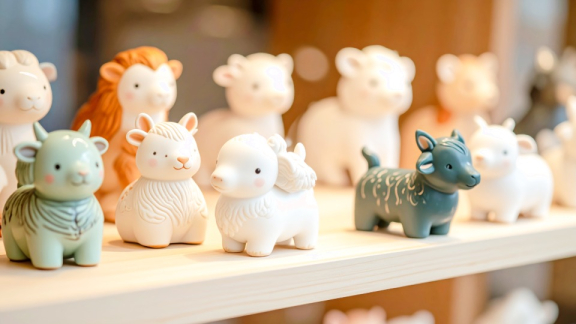 Kleine, niedliche Tierfiguren aus Keramik auf einem hellen Holzregal vor dem materialschonenden Umzug mit DACHSER & KOLB.