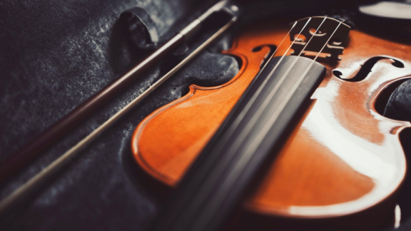 Eine edle Violine mit fixiertem Geigenbogen liegt geschützt in ihrem Koffer für den sichern Transport mit DACHSER & KOLB.