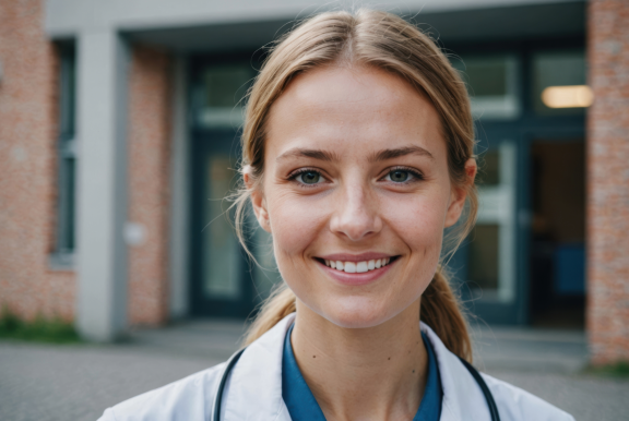 Ärztin vor Klinikgebäude als Symbol für das Gesundheitssystem in Estland