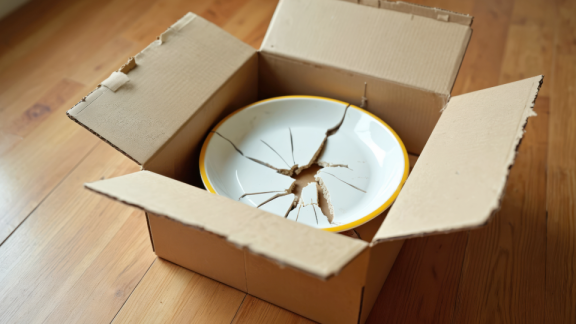 Zerbrochener Teller in einem geöffneten Karton, der Transportschäden ohne Transportversicherung verdeutlicht.