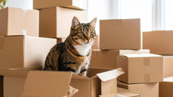 Katze sitzt zwischen Umzugskartons – Tipps, was beim Umzug mit Katzen beachtet werden muss.