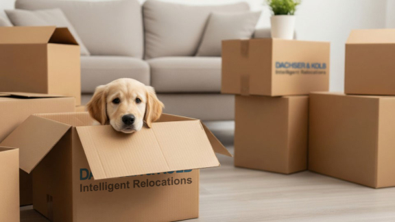 Welpe sitzt in Umzugskarton von DACHSER & KOLB – Sonderregelungen für die Einreise von Welpen in die Schweiz.