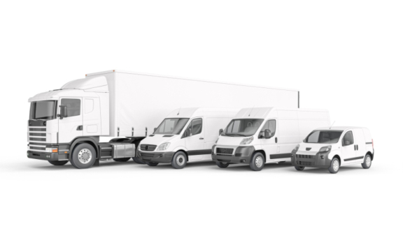 Verschiedene Lkw und Transporter nebeneinander als Übersicht passender Fahrzeugtypen für Umzüge
