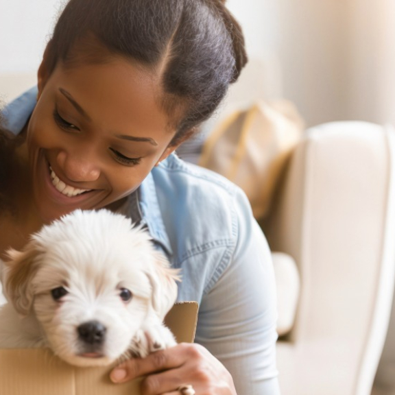 Familie mit Kind und kleinem Hund in Umzugskarton zu Hause als Symbolbild für Tierumzug