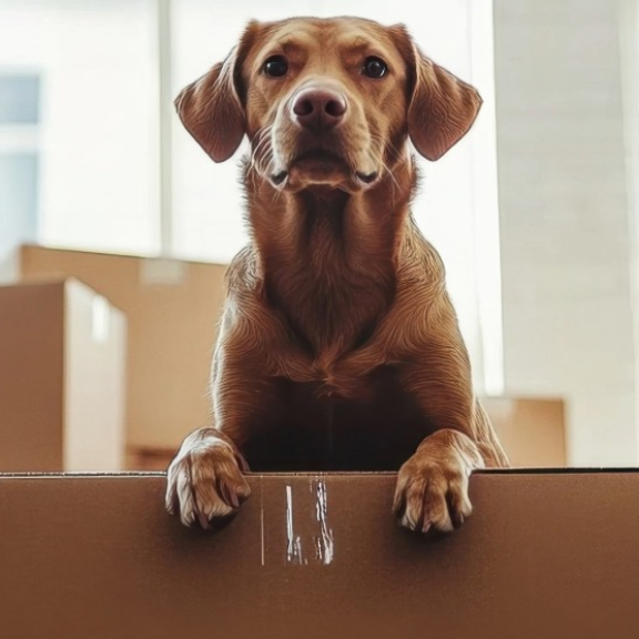 Hund zwischen Umzugskartons in Wohnung, schaut über Kartonrand als Symbolbild für Tierumzug