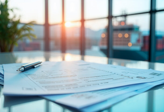 Formulare und Stift auf Schreibtisch vor Fenster mit Blick auf Containerschiff im Hafen.