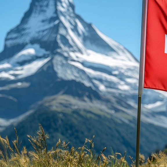 Schweizer Flagge vor Alpenlandschaft mit Matterhorn bei klarem Himmel.