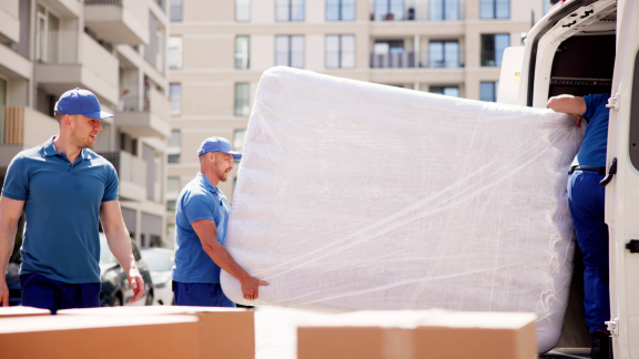 Moving Berlin Frankfurt: Movers carrying mattress into moving van. Accessible image.
