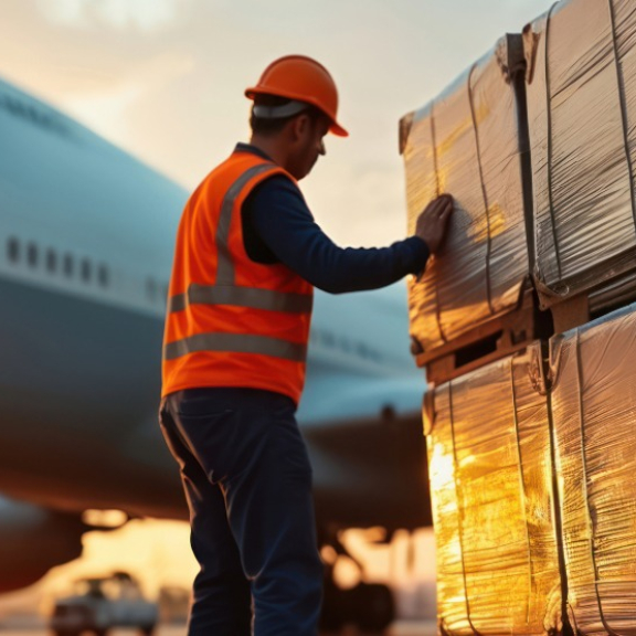Worker secures palletized air cargo on the tarmac in front of an aircraft at sunset.