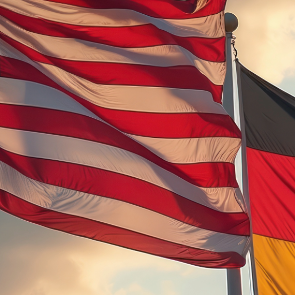 American and German flags waving side by side against a cloudy evening sky.