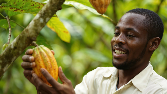 Portrait eines Mannes, der eine Kakaofrucht pflückt