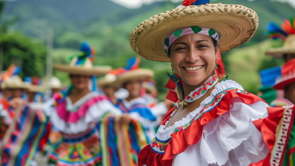 Lächelnde Frau in traditioneller Kleidung beim Fest im Freien